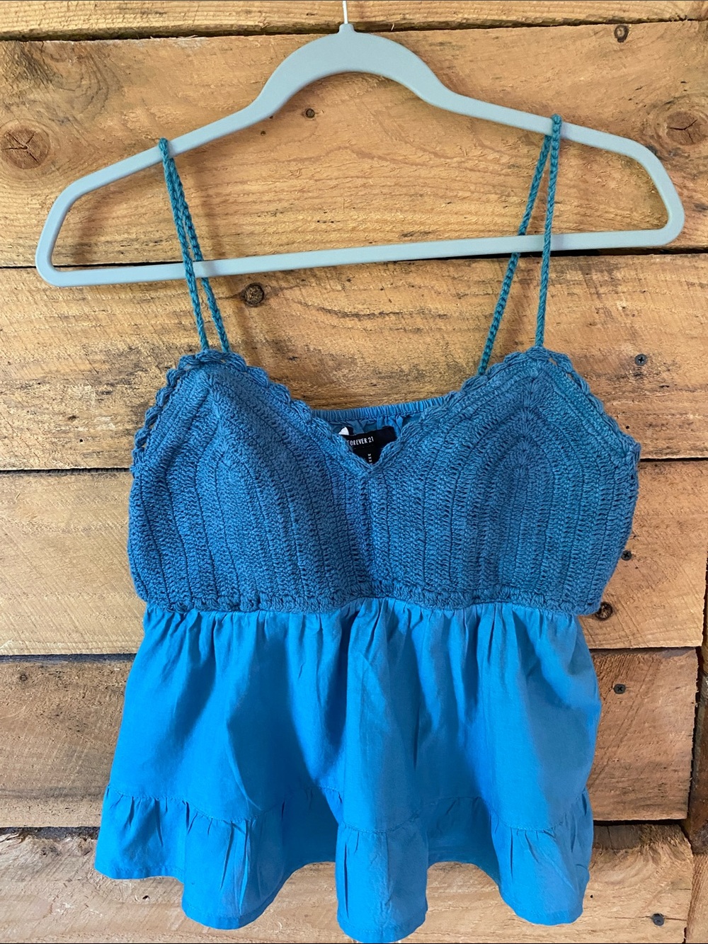 Forever 21 Teal Crochet Knit & Ruffled Crop Top